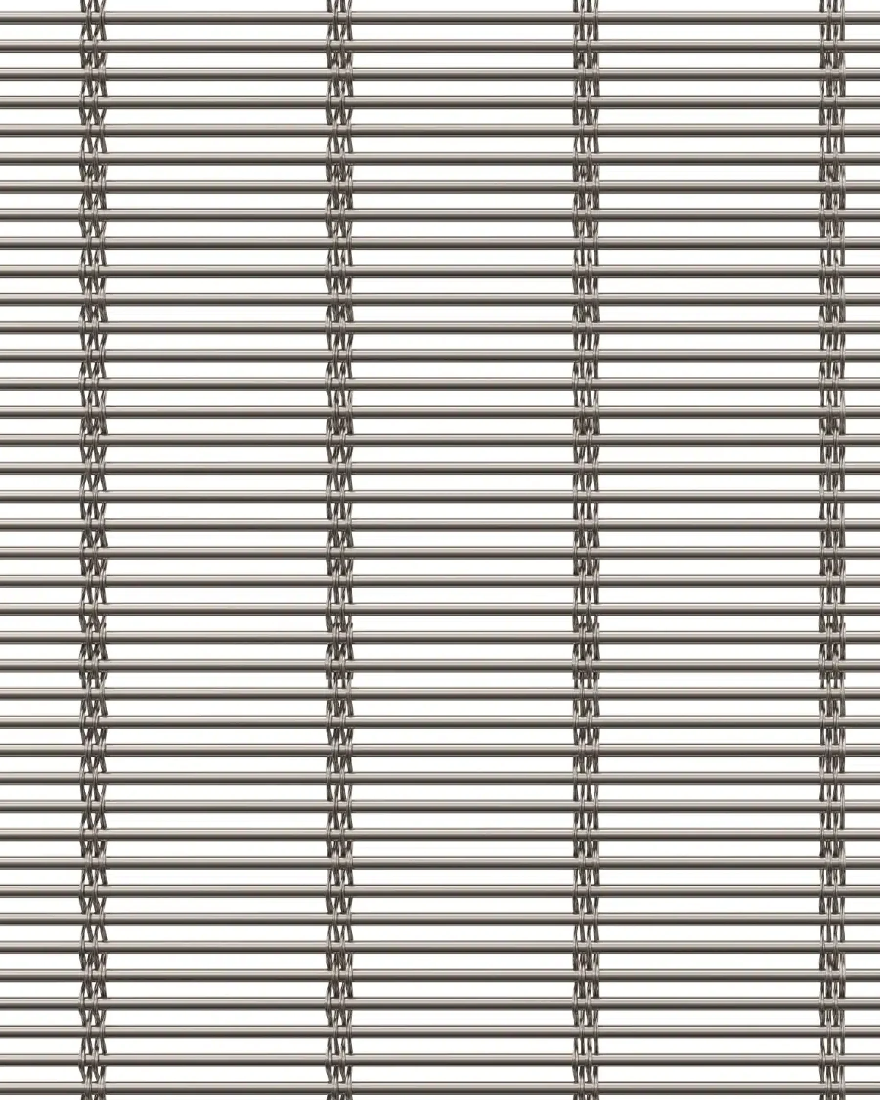 Close-up view of Aalto Mesh model in stainless steel by Codina Architectural. A woven wire pattern designed with four cables and one rod, ideal for facades, banisters, and various applications. Primarily made in stainless steel, with other combinations available.